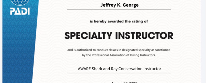 Jeffrey K George PADI AWARE Shark and Ray Conservation Specialty Instructor certificate – Jeff’s Diving World